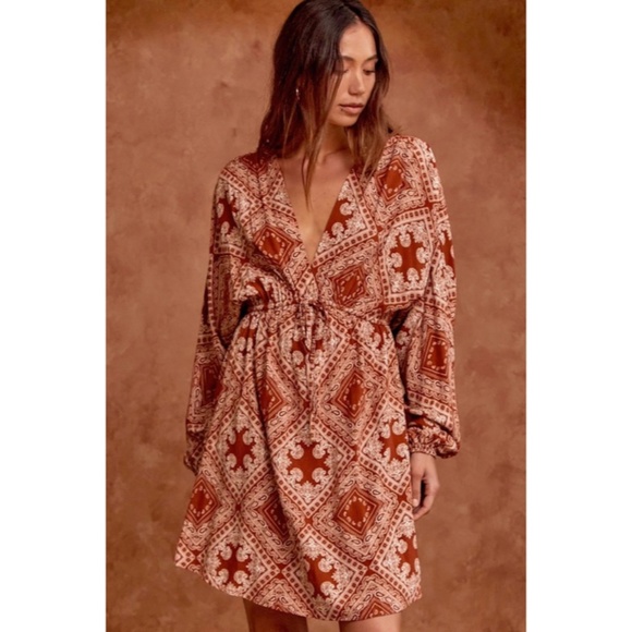 SOLD OUT Rust Patchwork Inspired Boho Long Dolman Sleeve Boho V-Neck Fall Dress - Picture 6 of 7